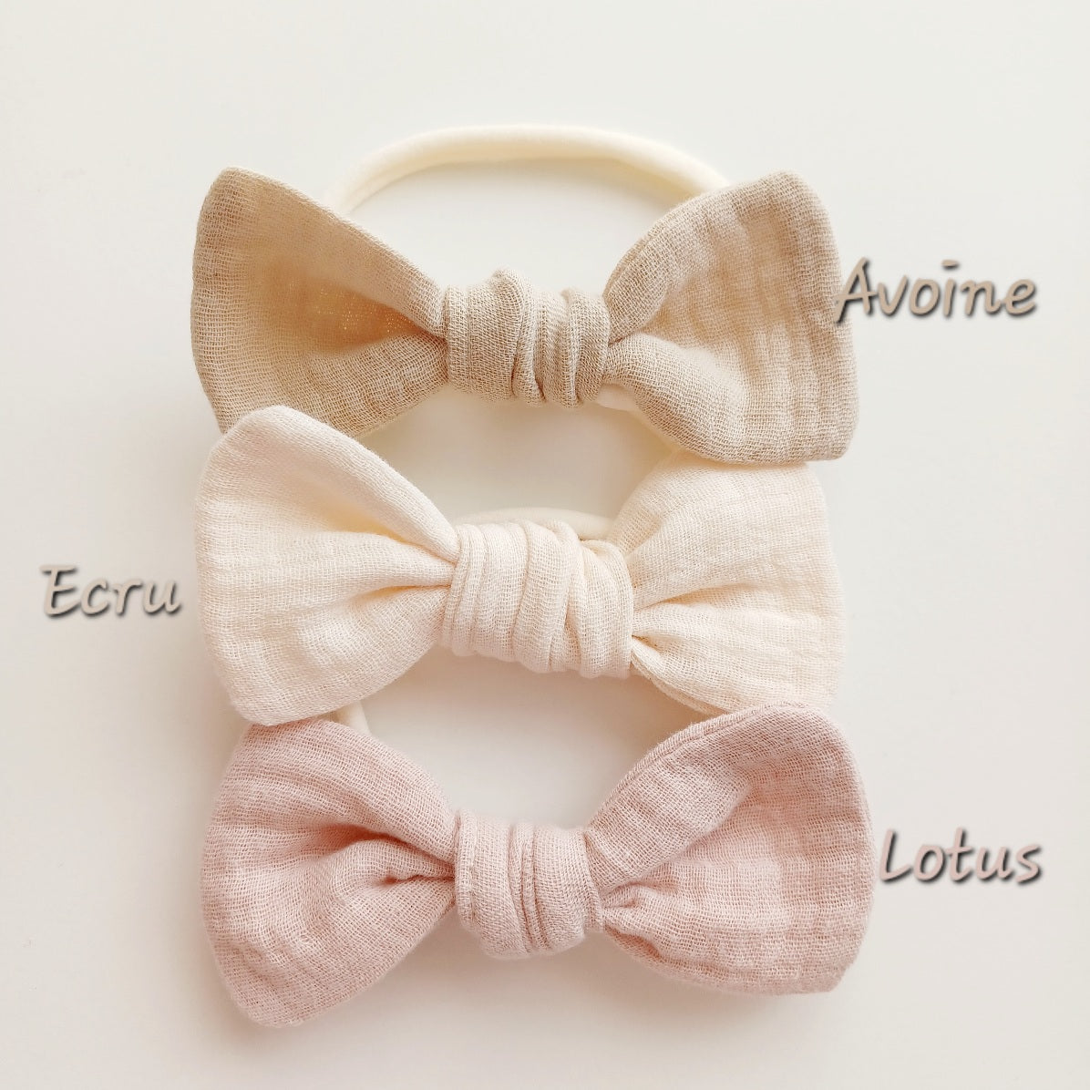 Bandeaux à noeud en gaze de coton pour bébé. Couleurs neutres
