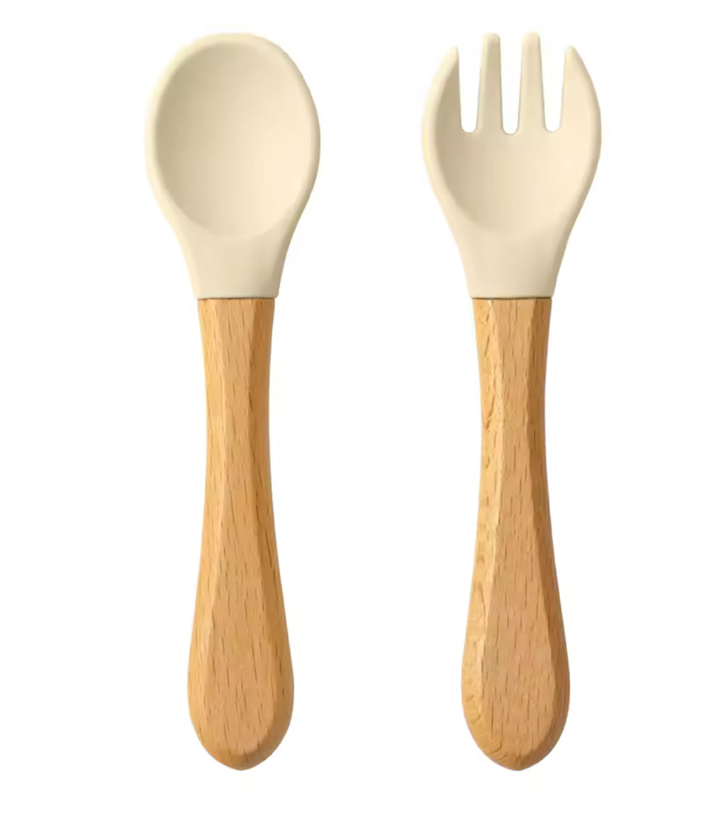 Couverts gravés, en bois et silicone alimentaire: cuillère et fourchette
