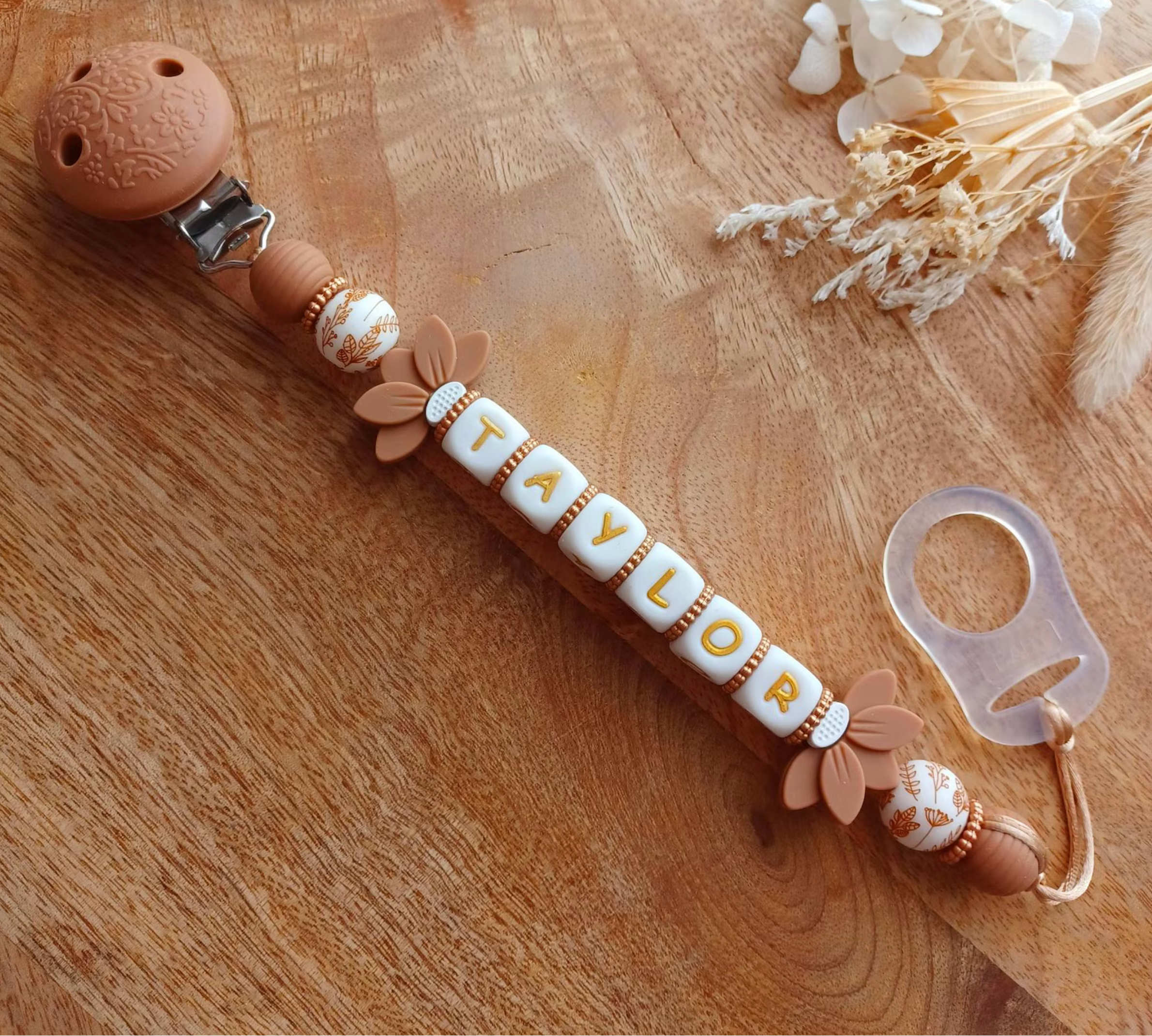 Attache tétine silicone perles imprimées, cadeau naissance, Léana