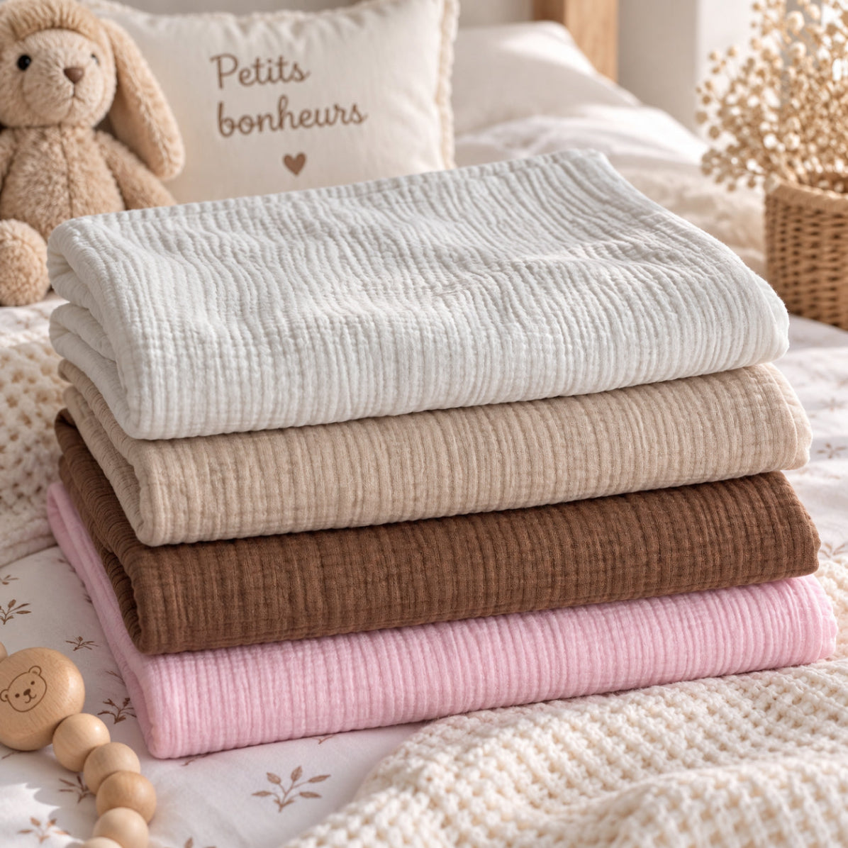 Couverture en gaze de coton et polaire, personnalisable avec le prénom du bébé. Idée cadeau de naissance, anniverssaire, ou se faire plaisir.