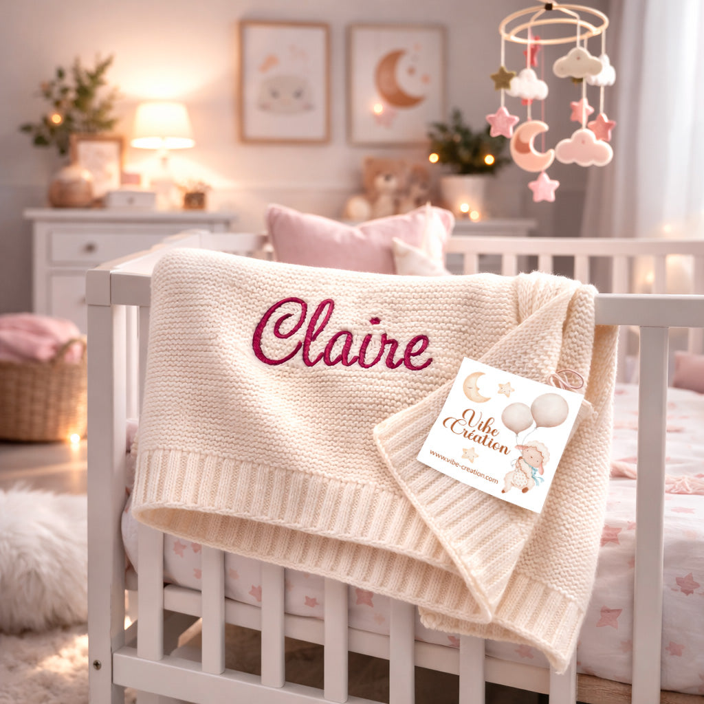 Couverture bébé tricot coton, personnalisable.