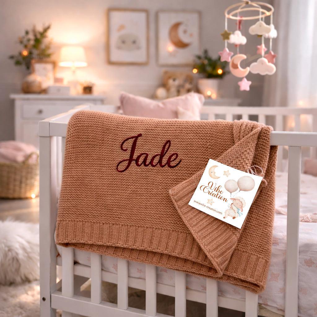 Couverture bébé tricot coton, personnalisable.
