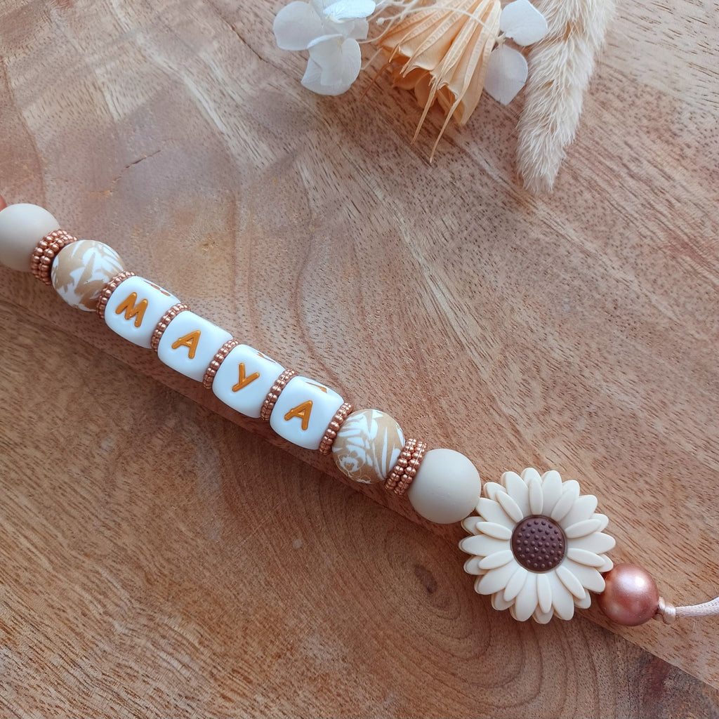 Attache tétine silicone perles imprimées, cadeau naissance, Marguerite crème-blanc
