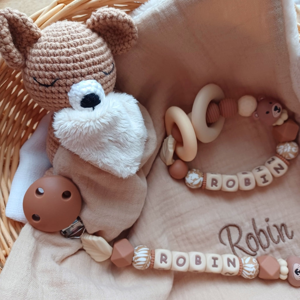 attache sucette en silicone alimentaire sans BPA, couleurs beige et marron, ours, clip silicone et acier inoxydable, personnalisable, cadeau naissance