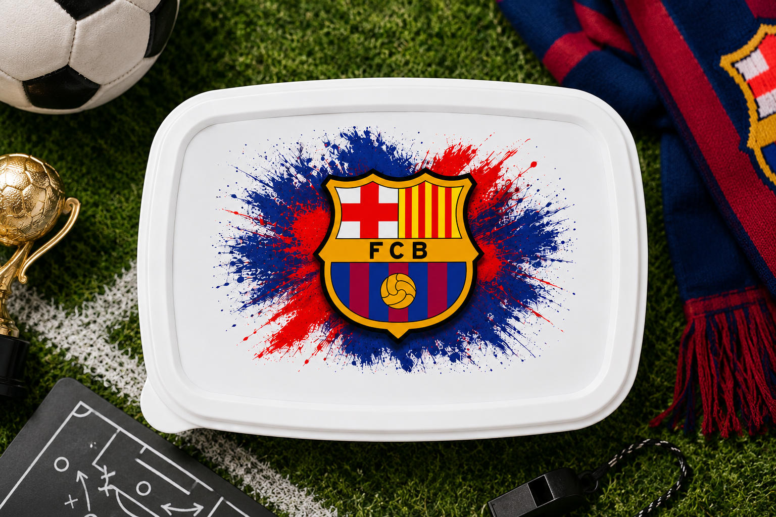 Boîte à gouter personnalisable avec le prénom , coupe de football, équipe de Barça