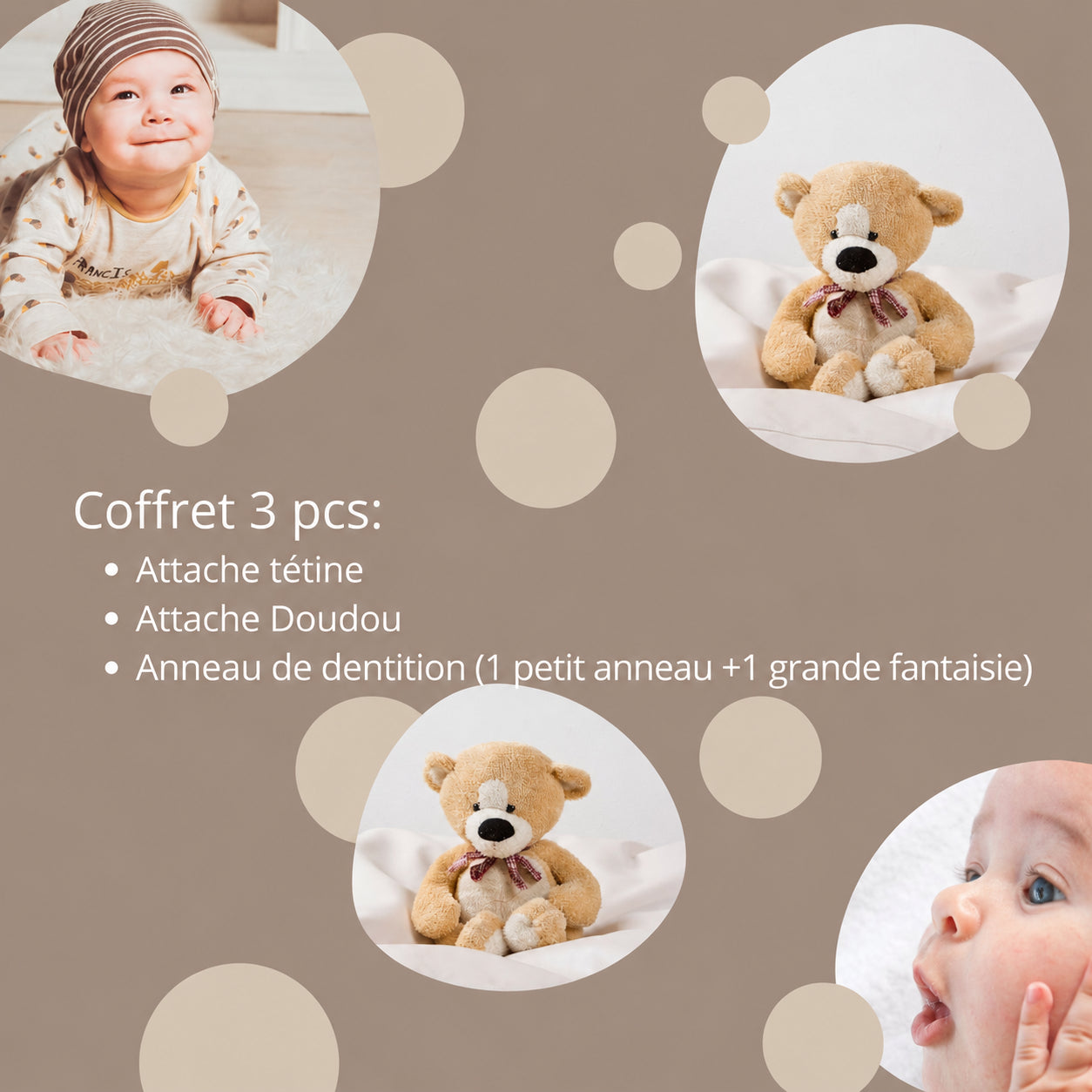 Coffret Naissance Personnalisé 3 Pièces – Attache Tétine, Attache Doudou, Anneau de Dentition