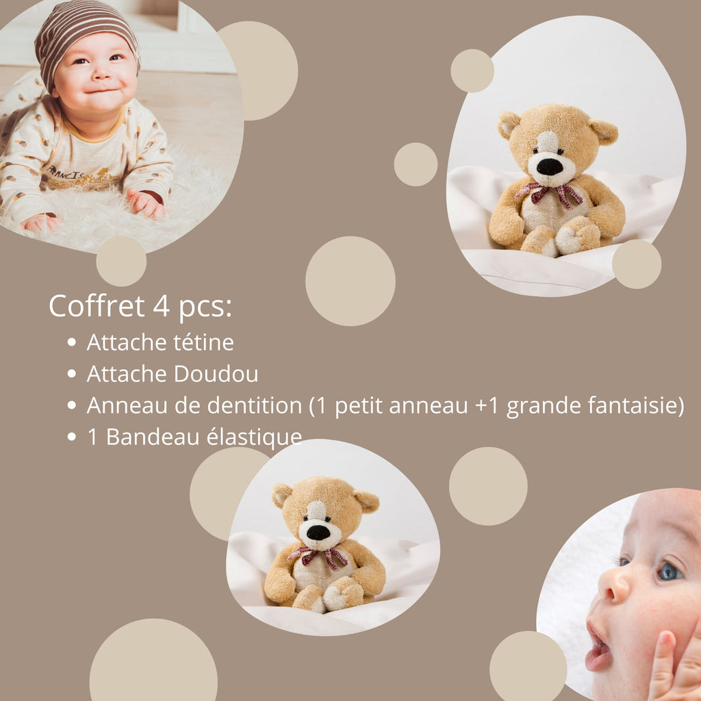 Coffret Naissance Personnalisé 4 Pièces – Attache Tétine, Attache Doudou, Anneau de Dentition & Bandeau