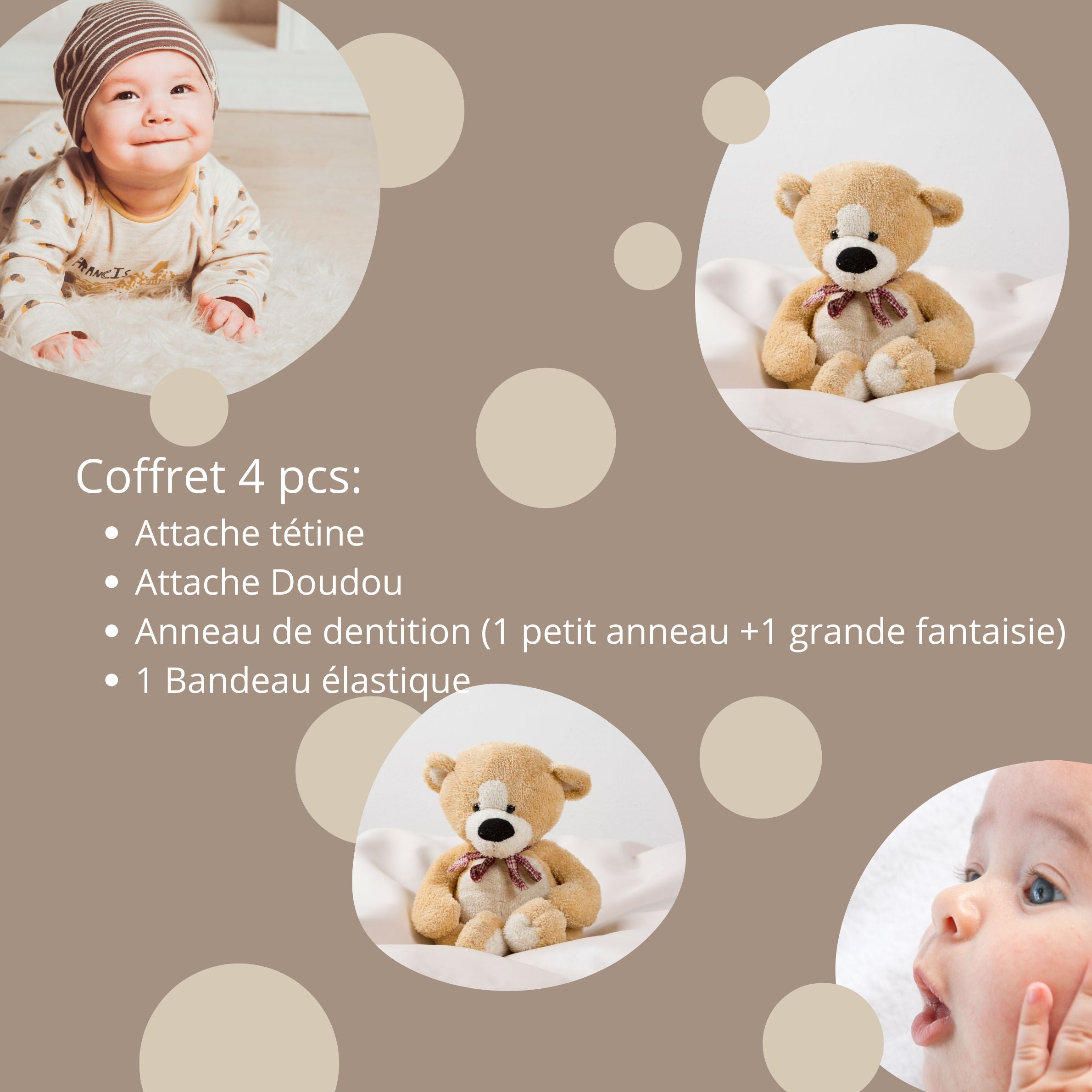 Coffret Naissance Personnalisé 4 Pièces – Attache Tétine, Attache Doudou, Anneau de Dentition & Bandeau