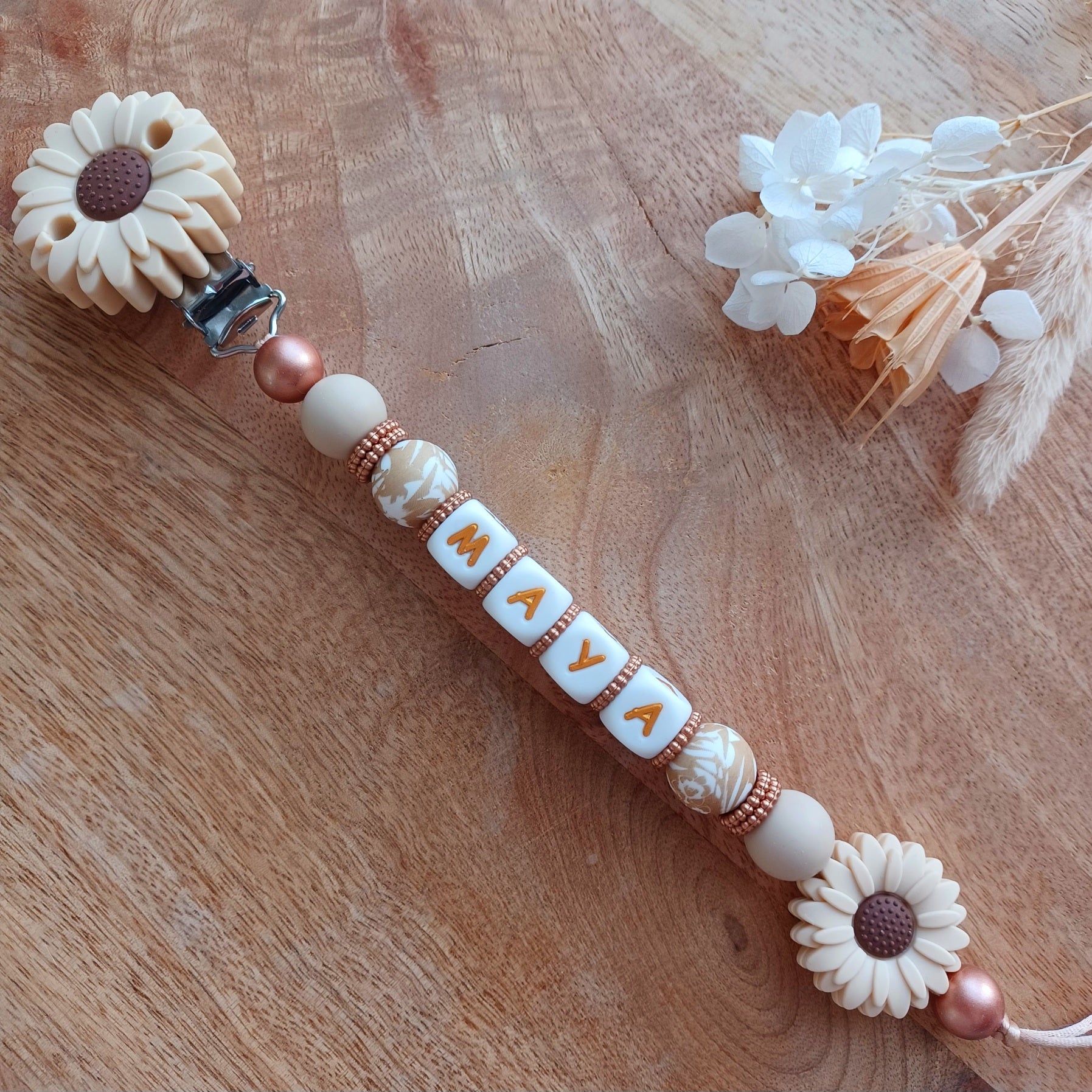 Attache tétine silicone perles imprimées, cadeau naissance, Marguerite crème-blanc