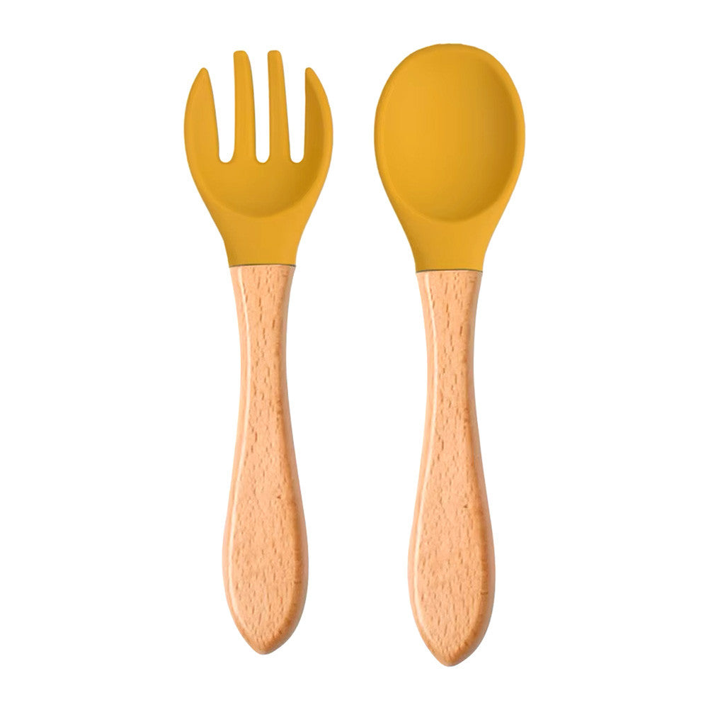 Ensemble de couverts, fourchette et cuillère en silicone alimentaire et bois. Personnalisables avec le prénom du bébé. Parfait pour l'apprentissage des enfants en bas âge