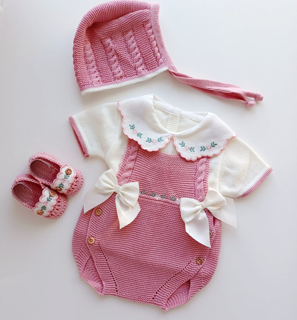 Paire de Chaussons maille tricotée pour bébé, modèle Rose, couleur Rose poudré