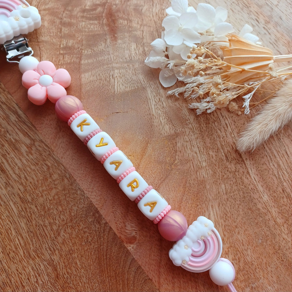 Attache tétine silicone, Arc-en-ciel, fleur rose-blanc.