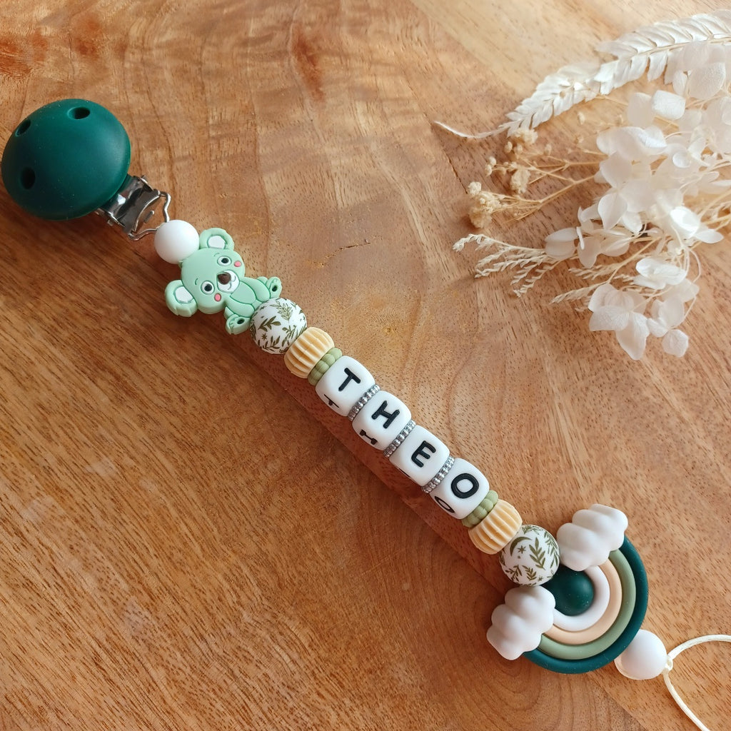 Attache tétine silicone, arc en ciel, Vert. Theo