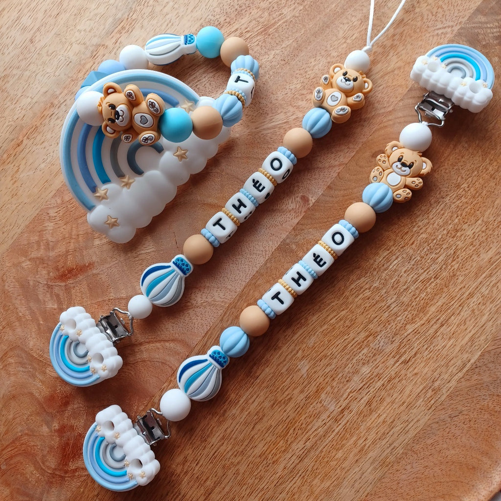Attache tétine silicone, Arc-en-ciel, ourson beige, bleu ciel, beige. Théo