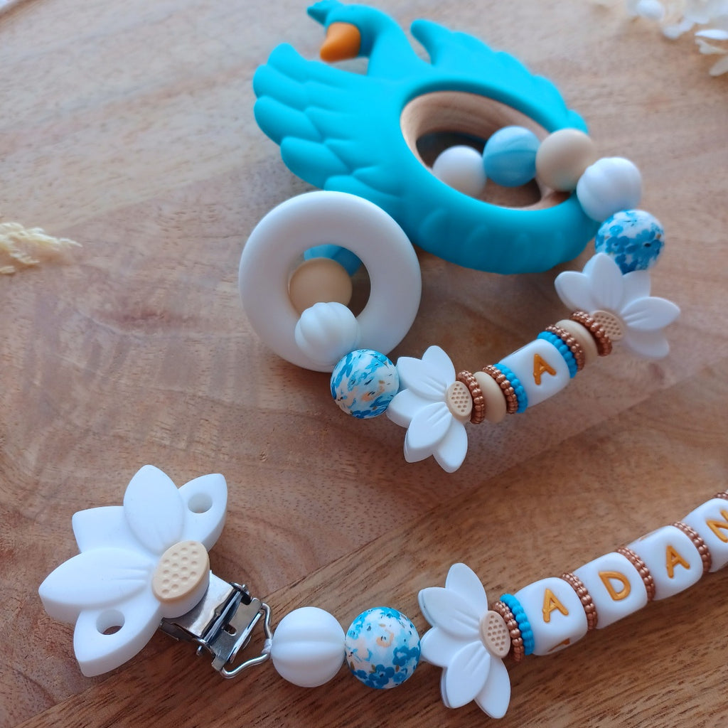 Attache tétine silicone perles imprimées, cadeau naissance, Lotus bleu-blanc. Adani