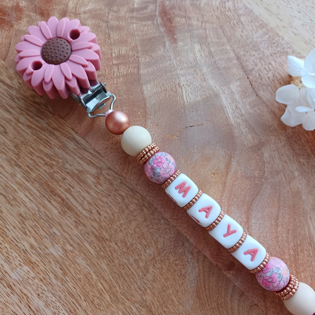 Attache tétine silicone perles imprimées, cadeau naissance, Marguerite Rose Blush