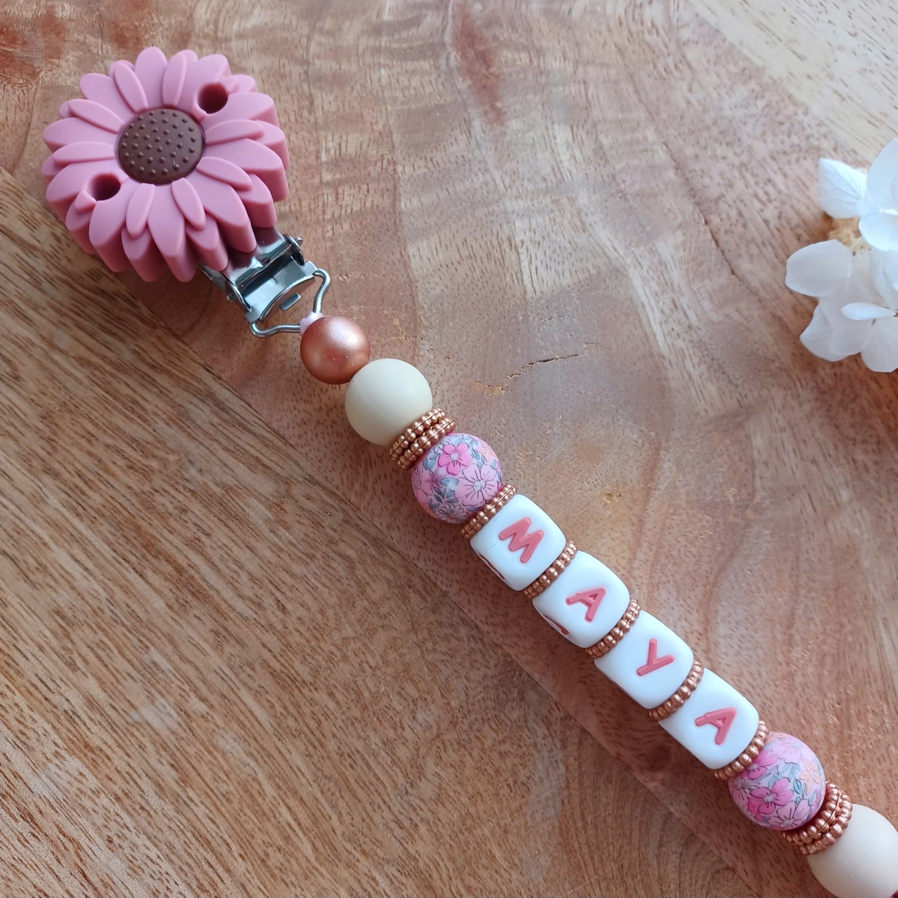 Attache tétine silicone perles imprimées, cadeau naissance, Marguerite Rose Blush