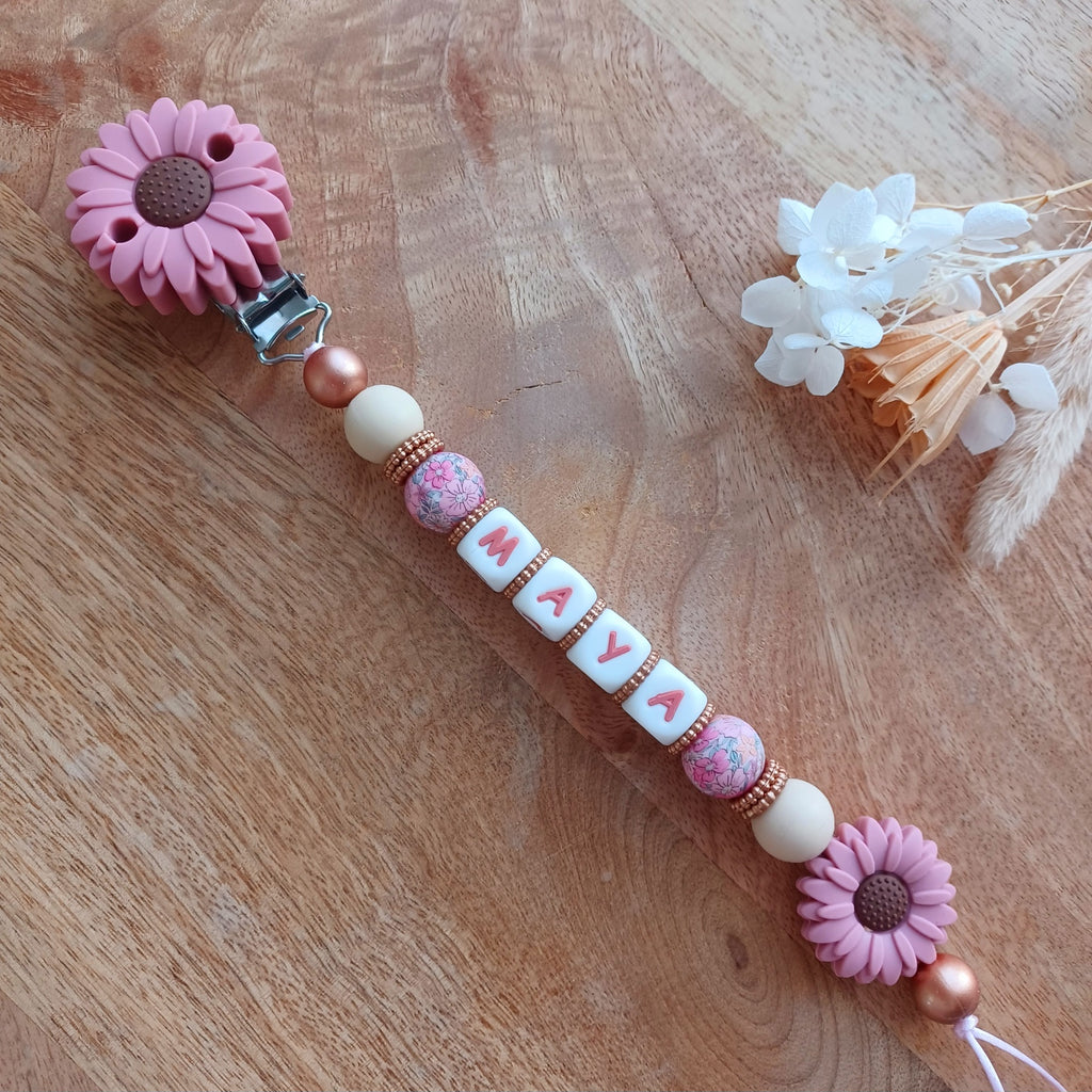 Attache tétine silicone perles imprimées, cadeau naissance, Marguerite Rose Blush