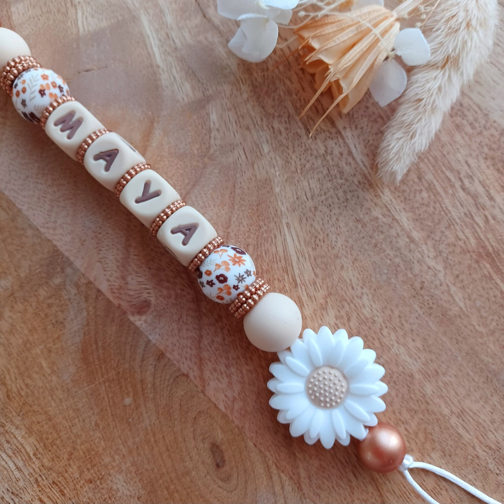 Attache tétine silicone perles imprimées, cadeau naissance, Marguerite Blanc