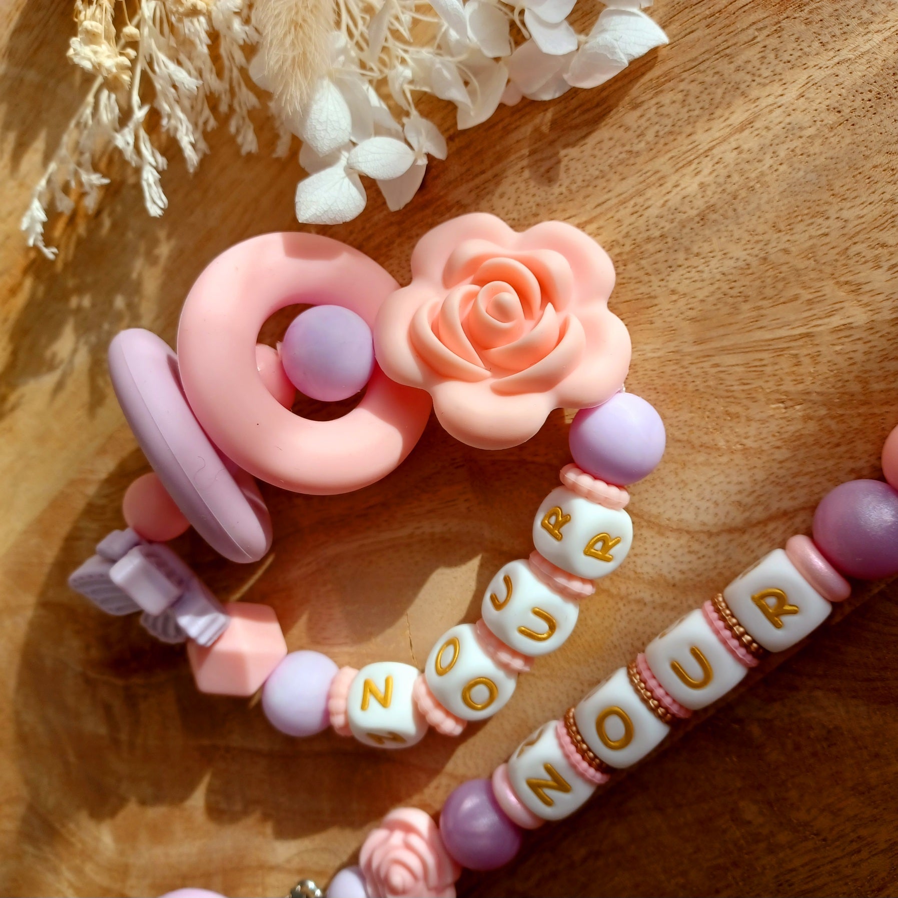 Attache tétine silicone, Rose, Papillon violet