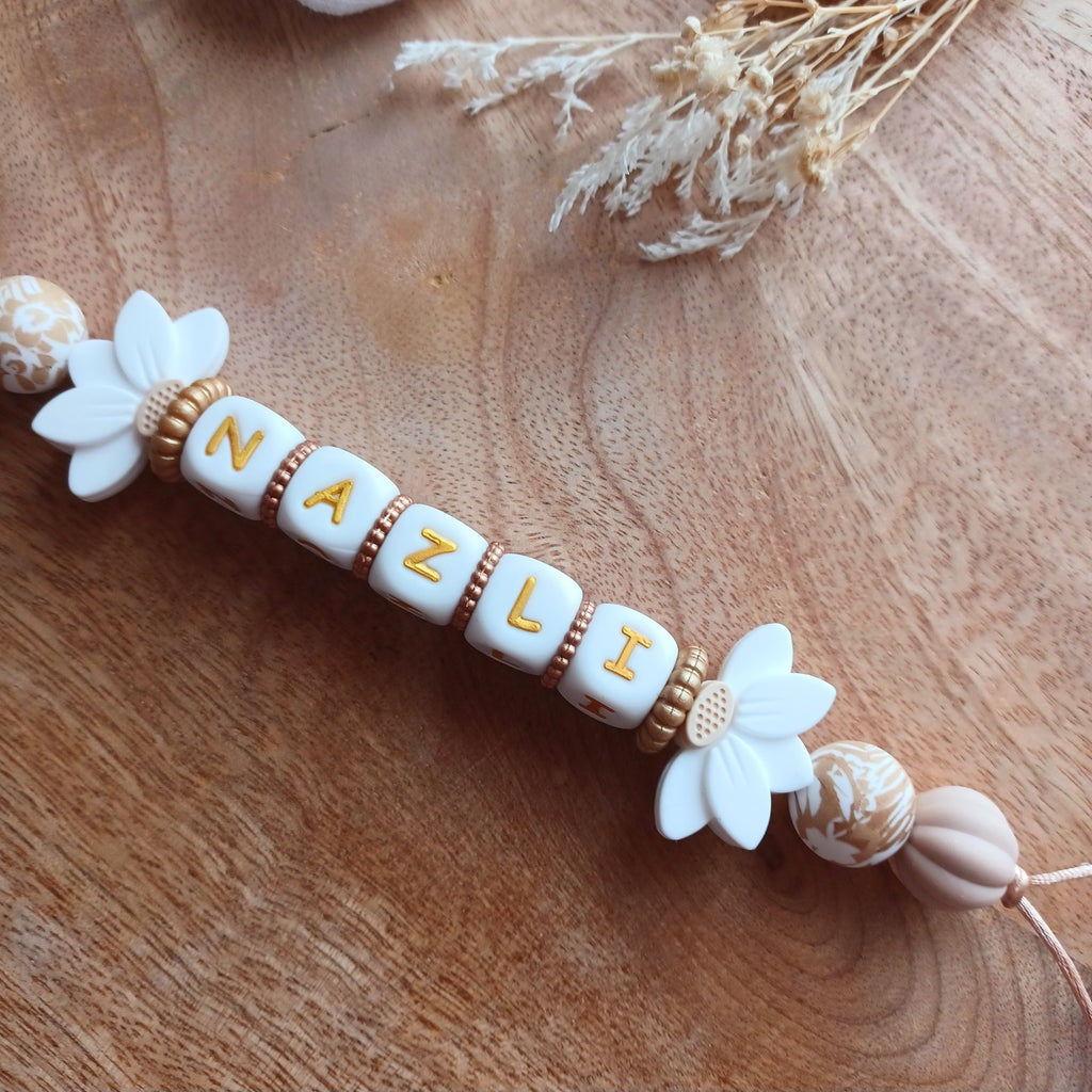 Attache tétine silicone perles imprimées, cadeau naissance, Lotus crème-blanc