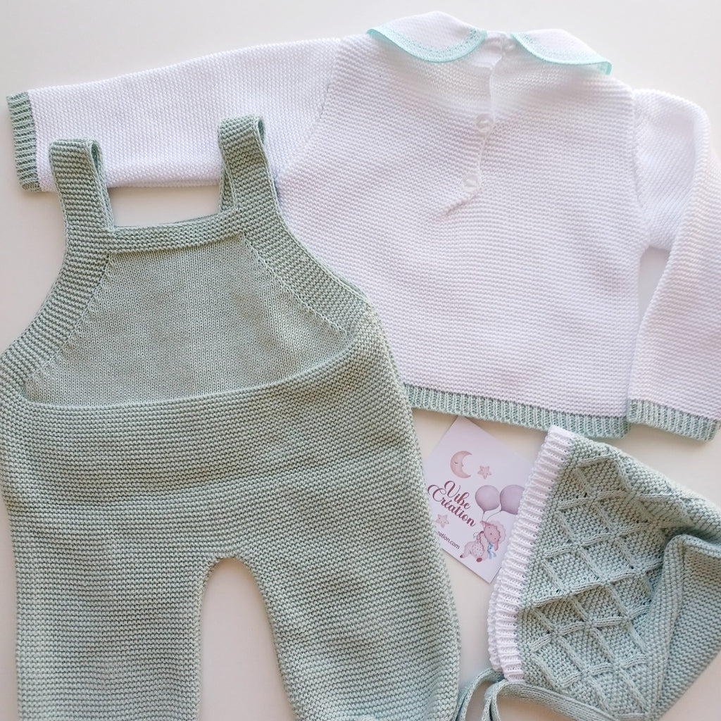 Ensemble Personnalisable salopette longue, pull et bonnet en maille pour bébé. Jules, Lapin Vert sage