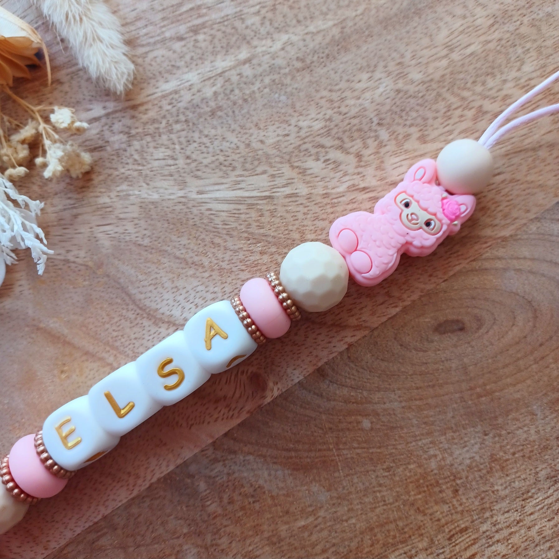 Attache tétine silicone, beige-rose. Elsa