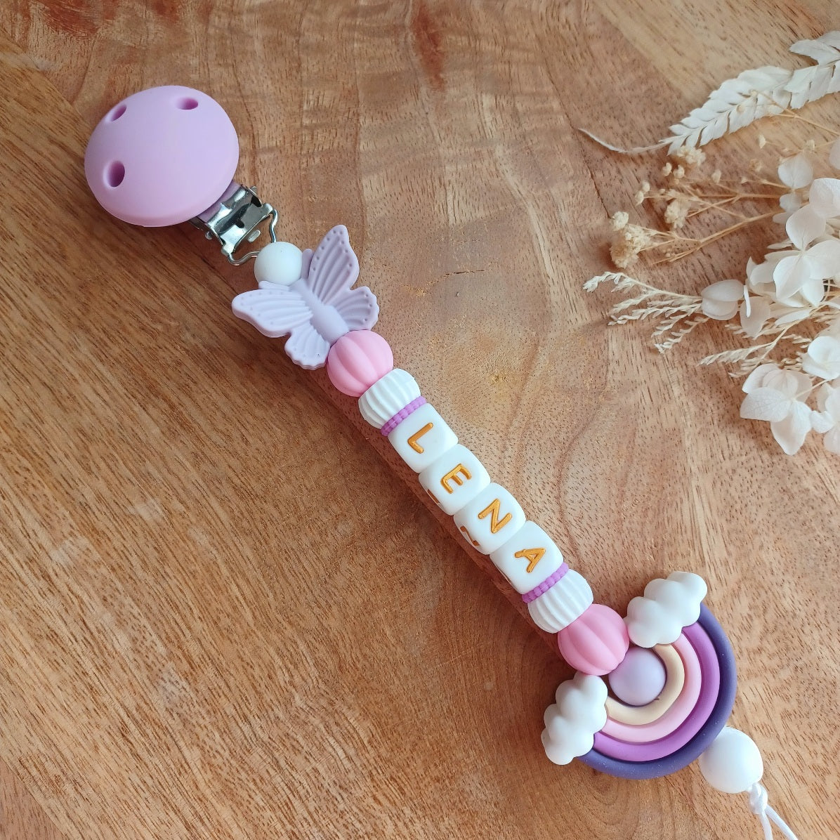 Attache tétine silicone, arc en ciel, Violet . Lena