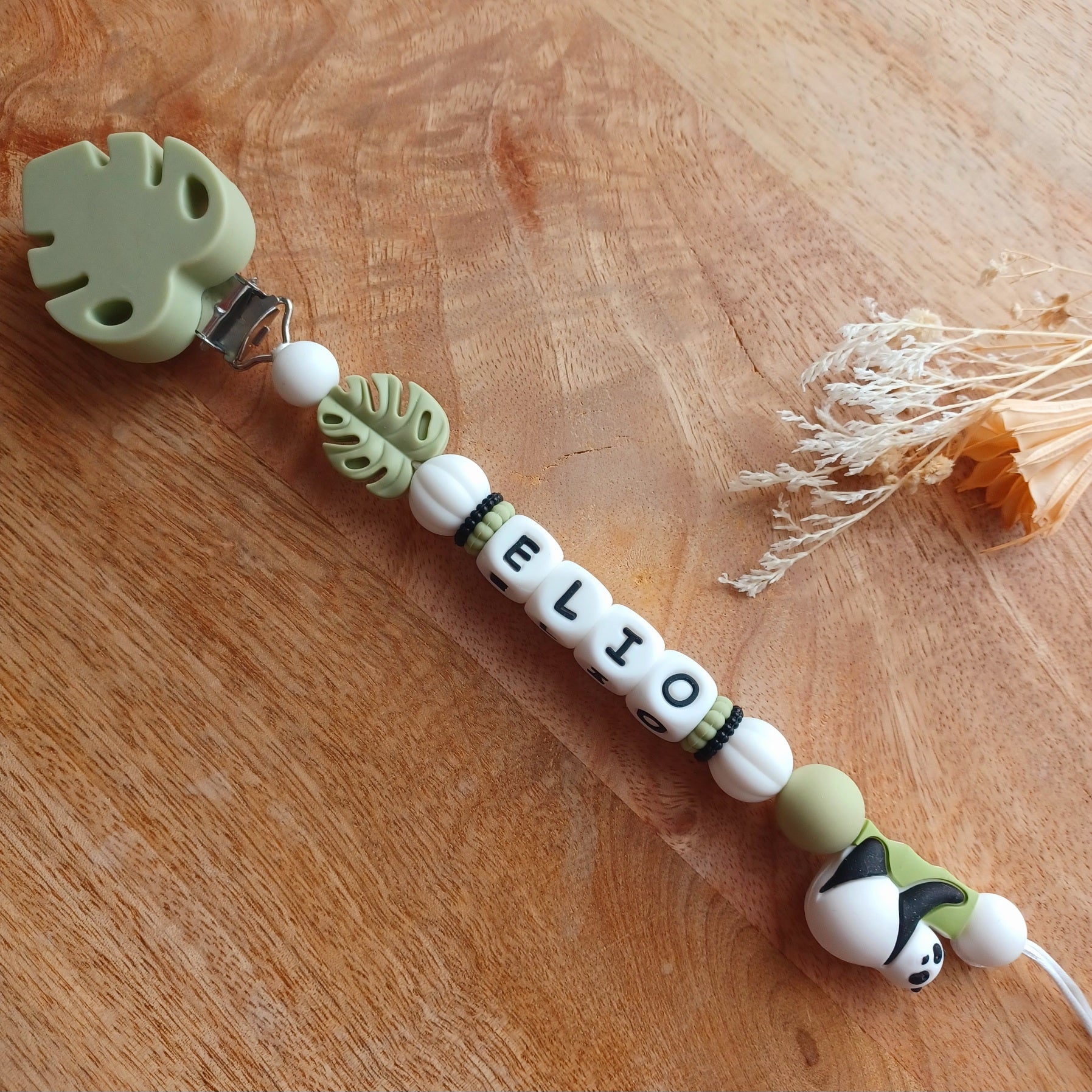 Attache tétine silicone, Panda, vert sauge