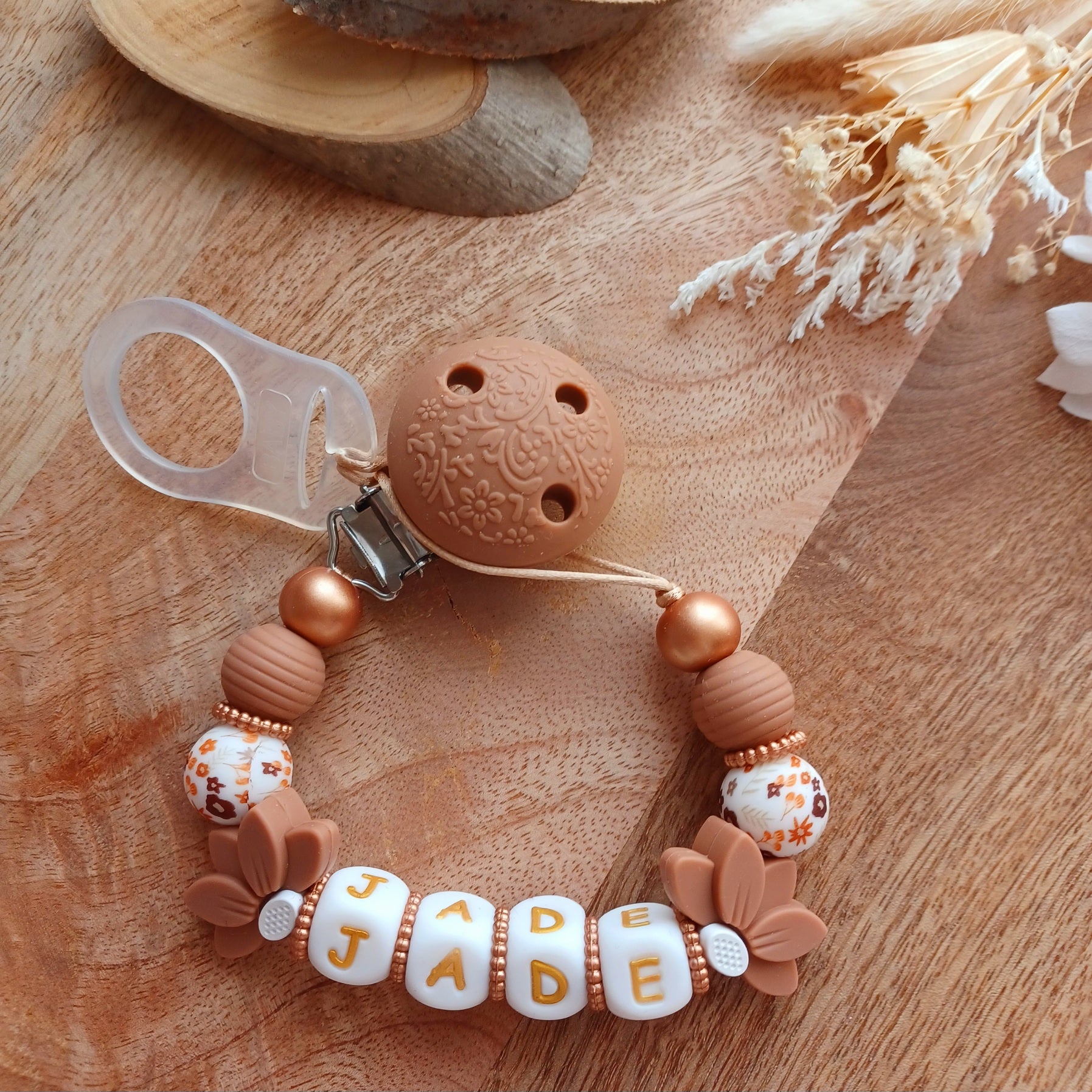 Attache tétine silicone perles imprimées, cadeau naissance, Léana