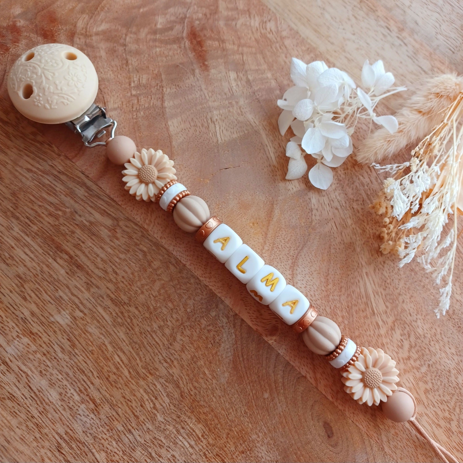 Attache tétine silicone, marguerites, caramel