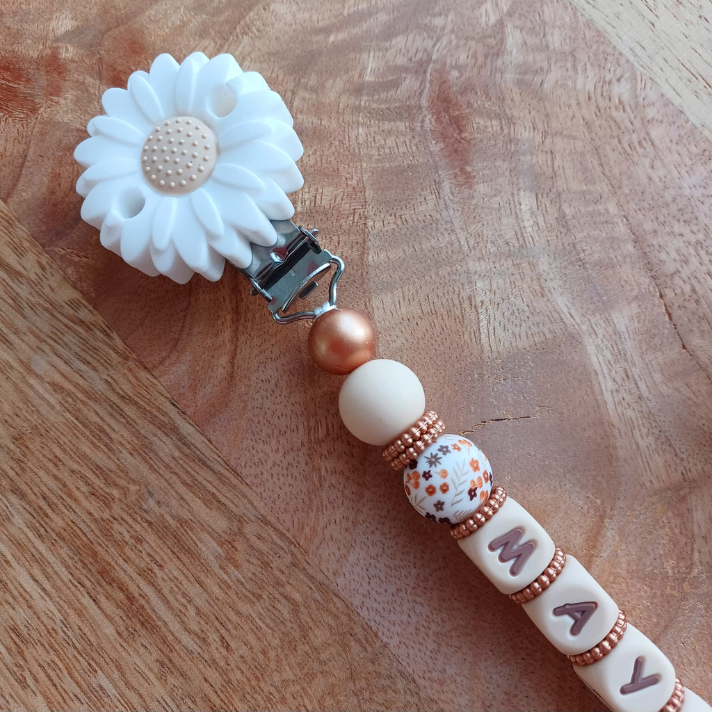 Attache tétine silicone perles imprimées, cadeau naissance, Marguerite Blanc