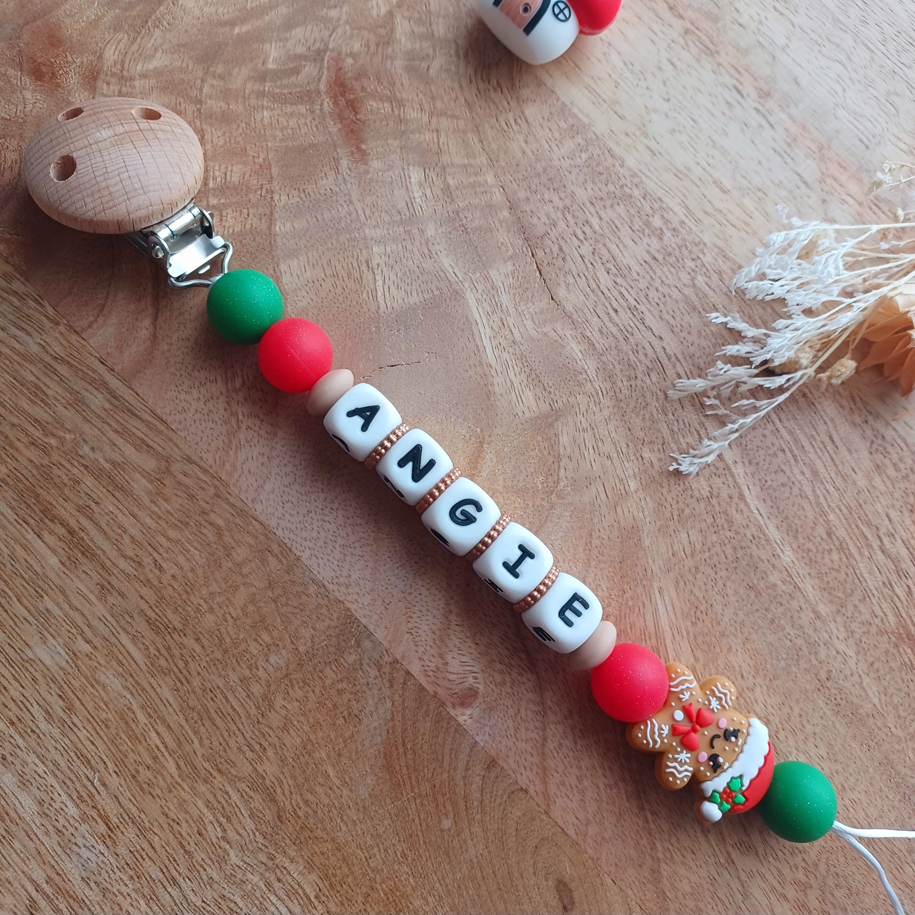 Attache tétine silicone, Boule de Neige, Noël, bonhomme épices.