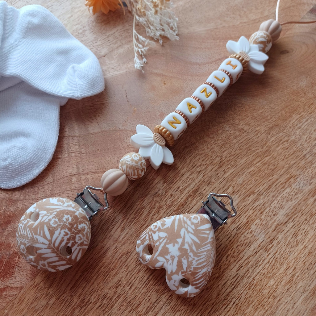 Attache tétine silicone perles imprimées, cadeau naissance, Lotus crème-blanc
