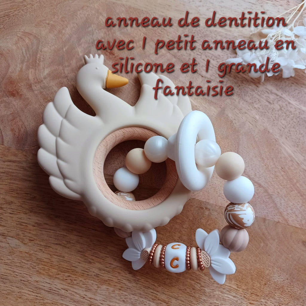 Attache tétine silicone perles imprimées, cadeau naissance, Lotus crème-blanc