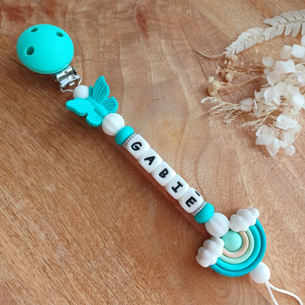 Attache tétine silicone, arc en ciel, Turquoise. Gabie
