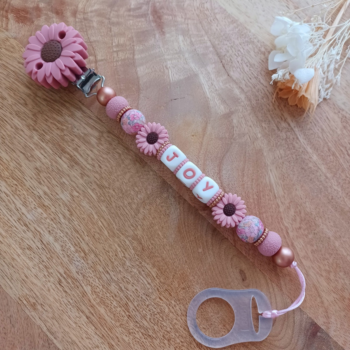 Attache tétine silicone, Marguerite, vieux rose