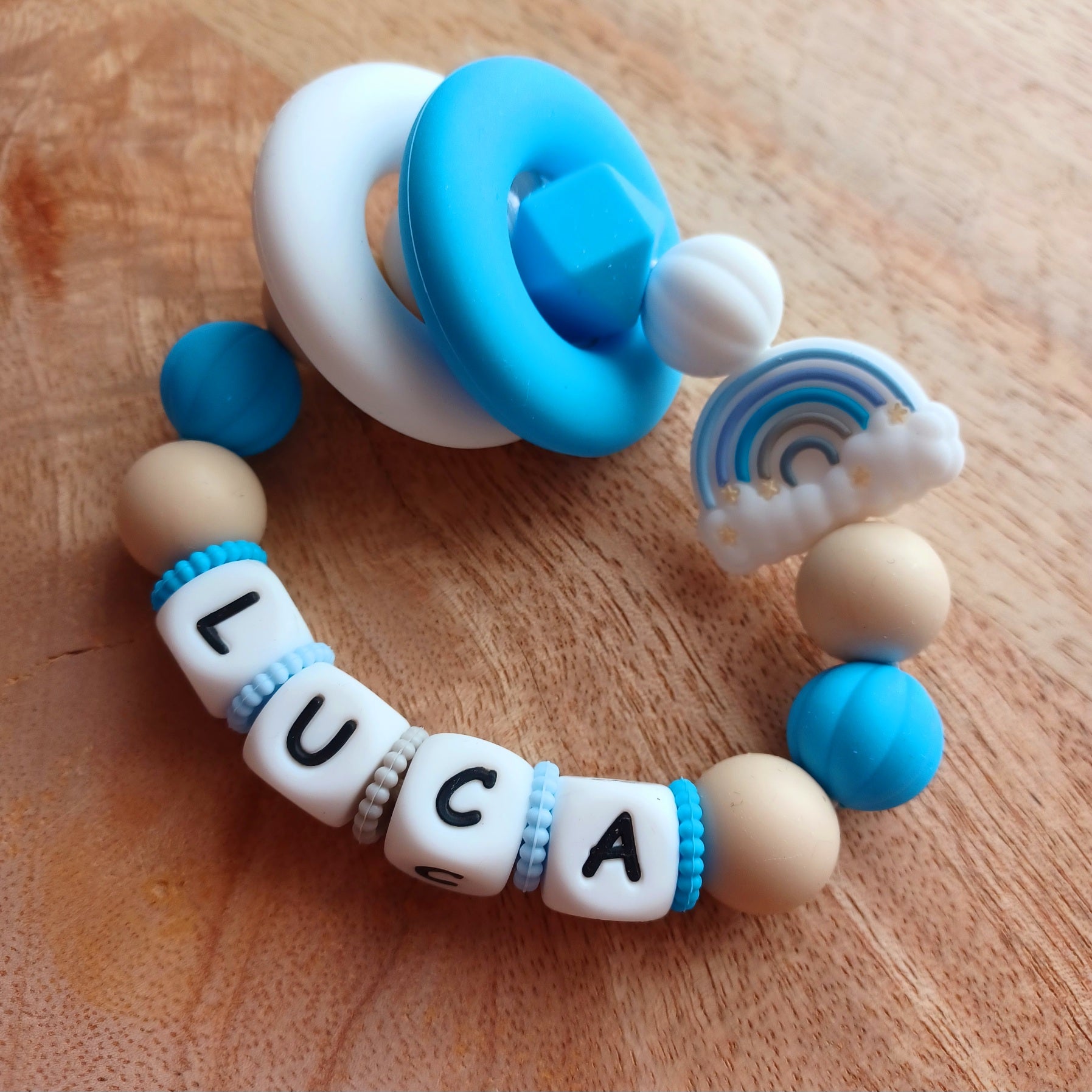 Attache tétine silicone, Arc-en-ciel, ourson, bleu ciel, beige.