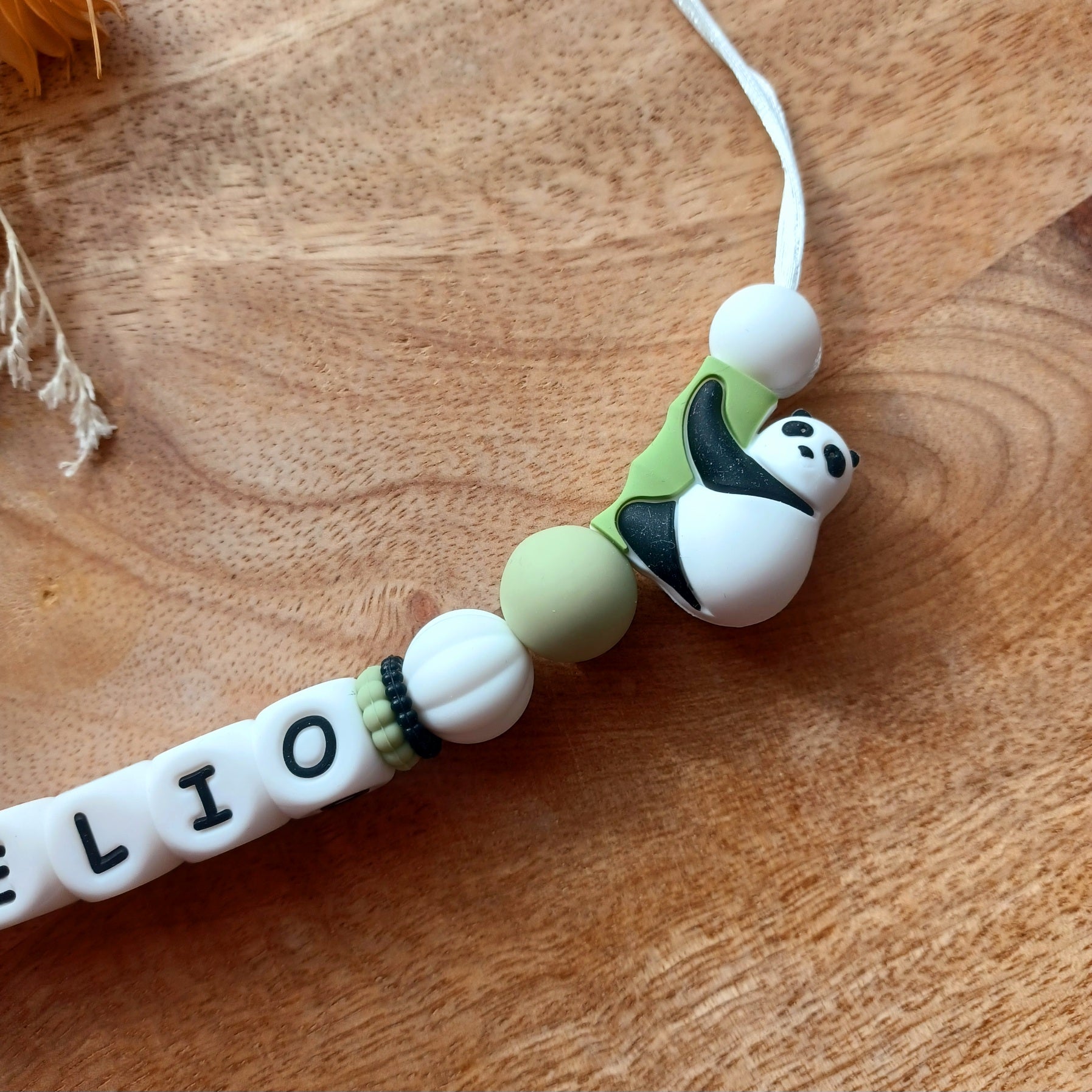 Attache tétine silicone, Panda, vert sauge