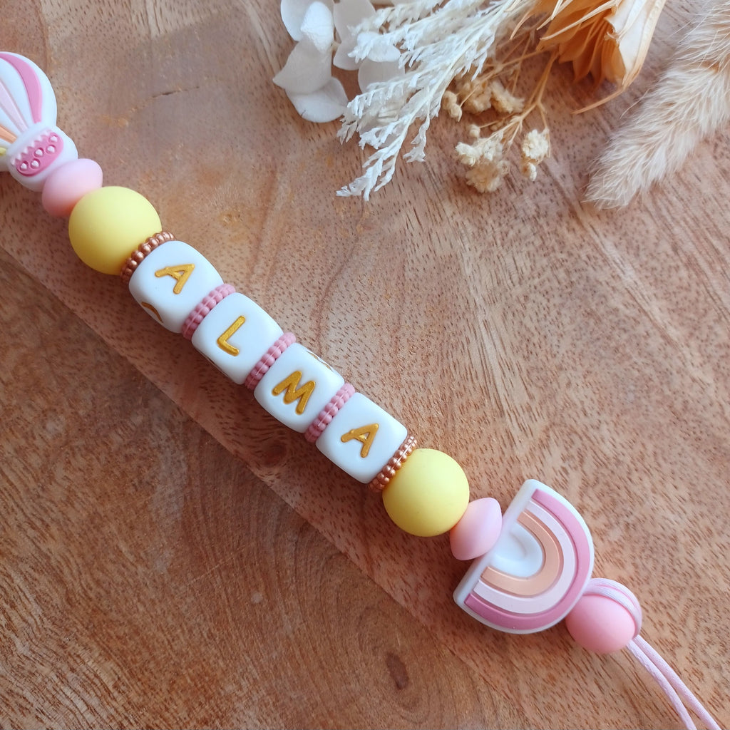 Attache tétine silicone, arc en ciel, rose, pastel. ALMA