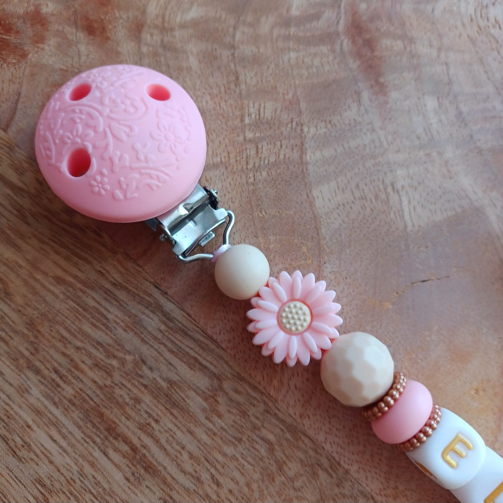Attache tétine silicone, beige-rose. Elsa