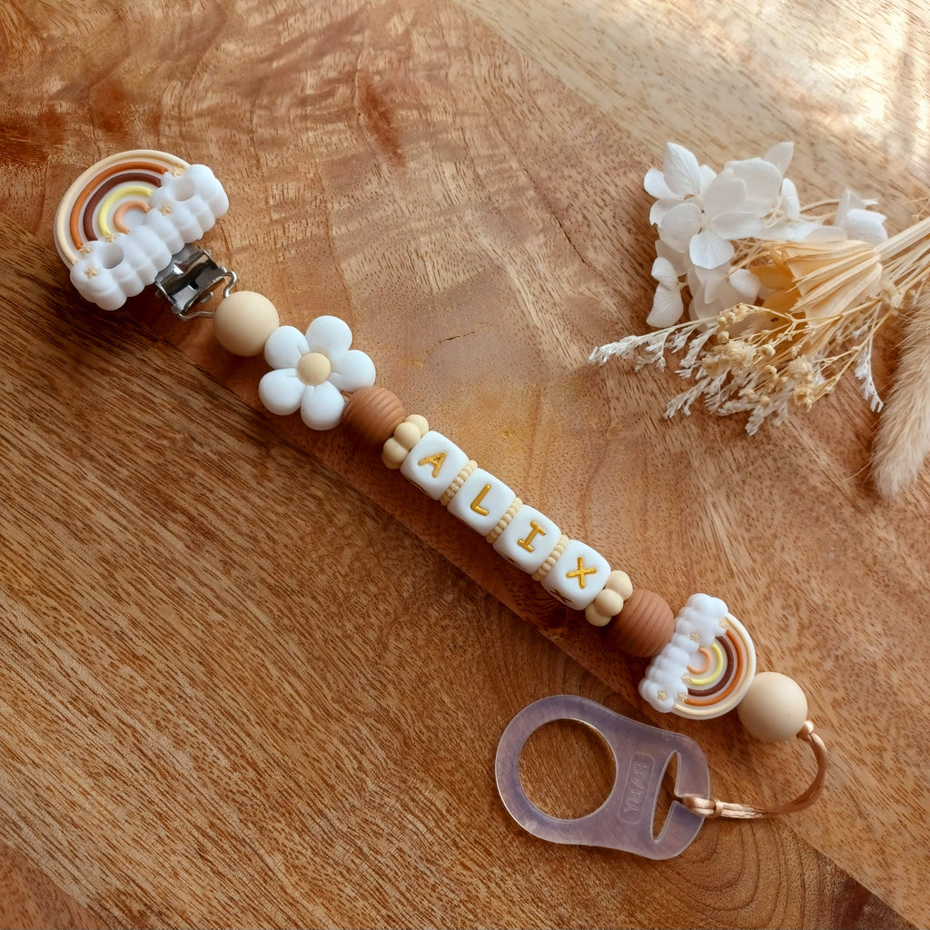 Attache tétine silicone, arc-en-ciel, fleur, vanille-crème