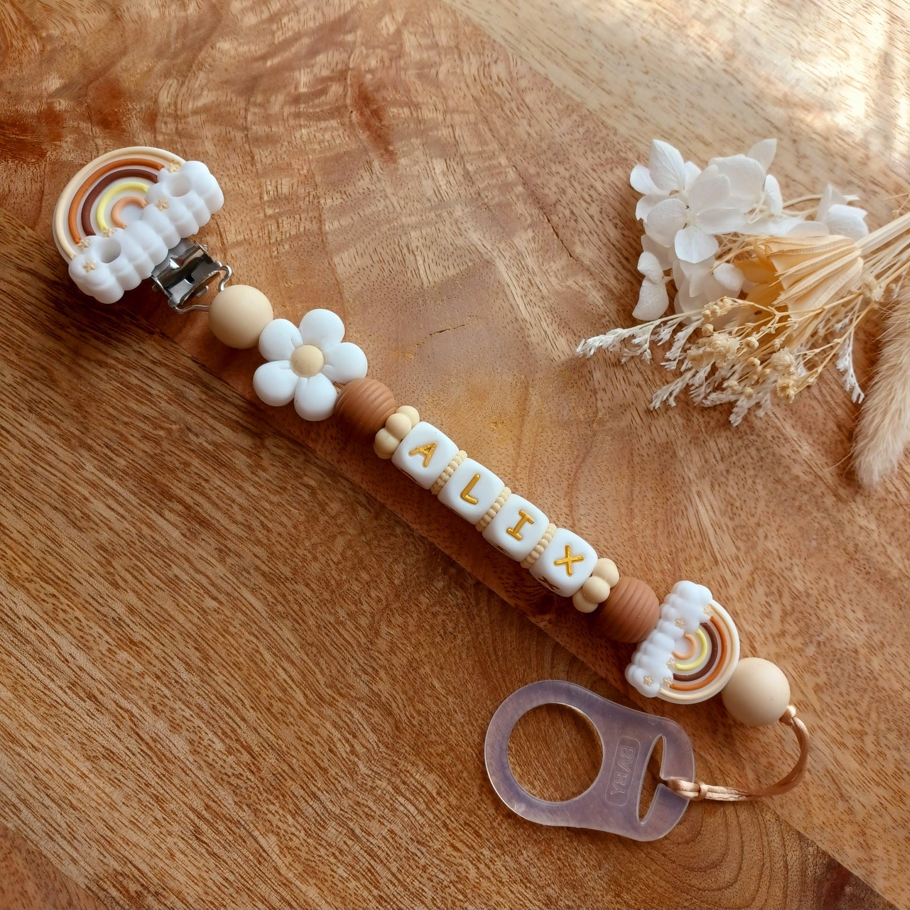Attache tétine silicone, arc-en-ciel, fleur, vanille-crème