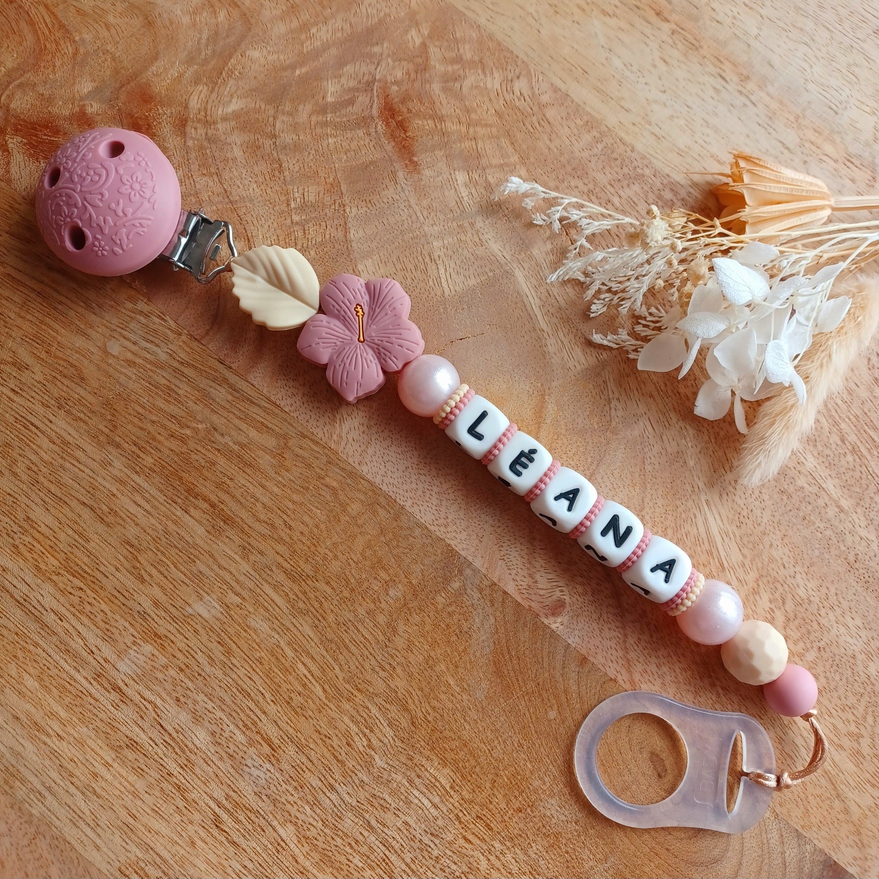 Attache tétine silicone, Fleur Hibiscus, vieux rose, beige