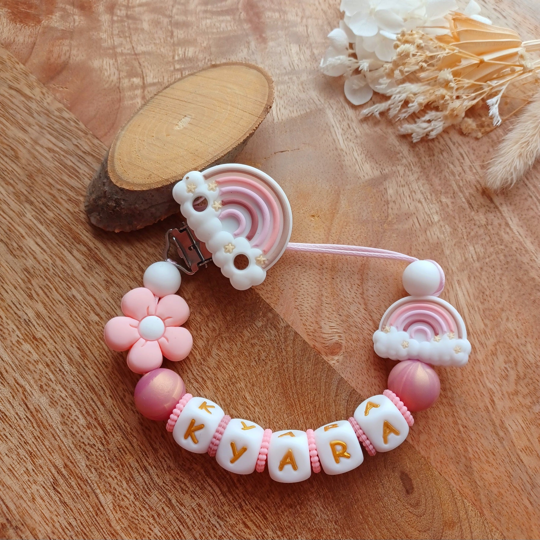 Attache tétine silicone, Arc-en-ciel, fleur rose-blanc.