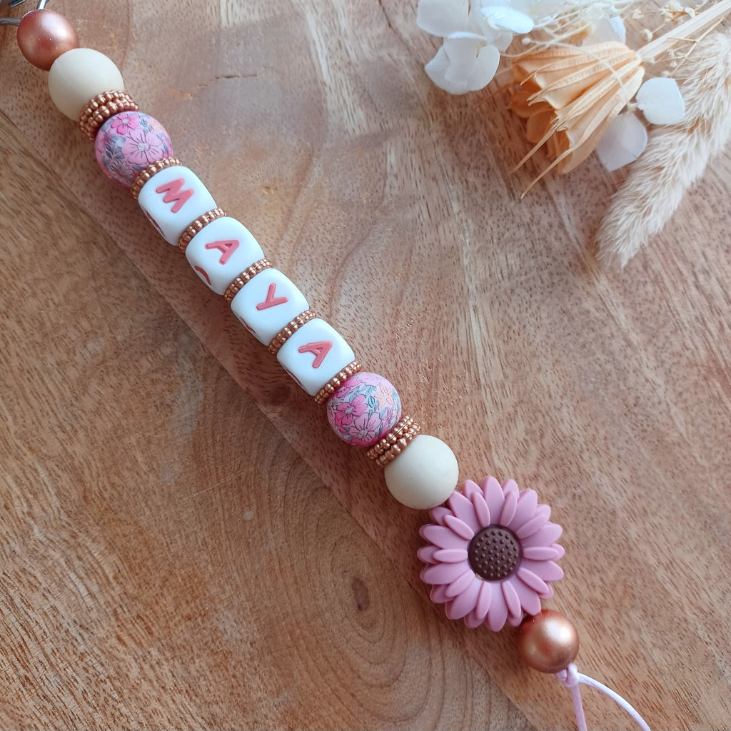 Attache tétine silicone perles imprimées, cadeau naissance, Marguerite Rose Blush