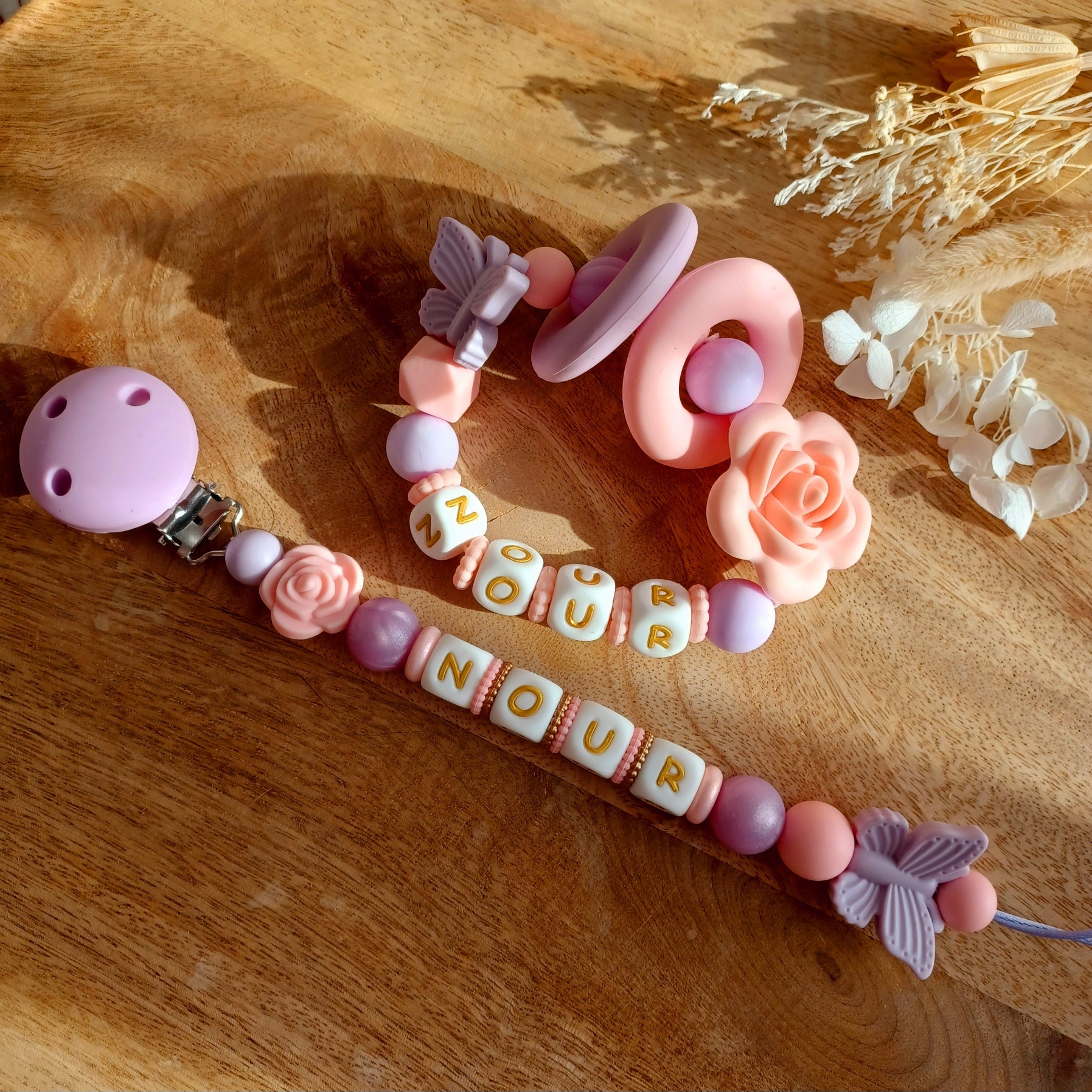 Attache tétine silicone, Rose, Papillon violet