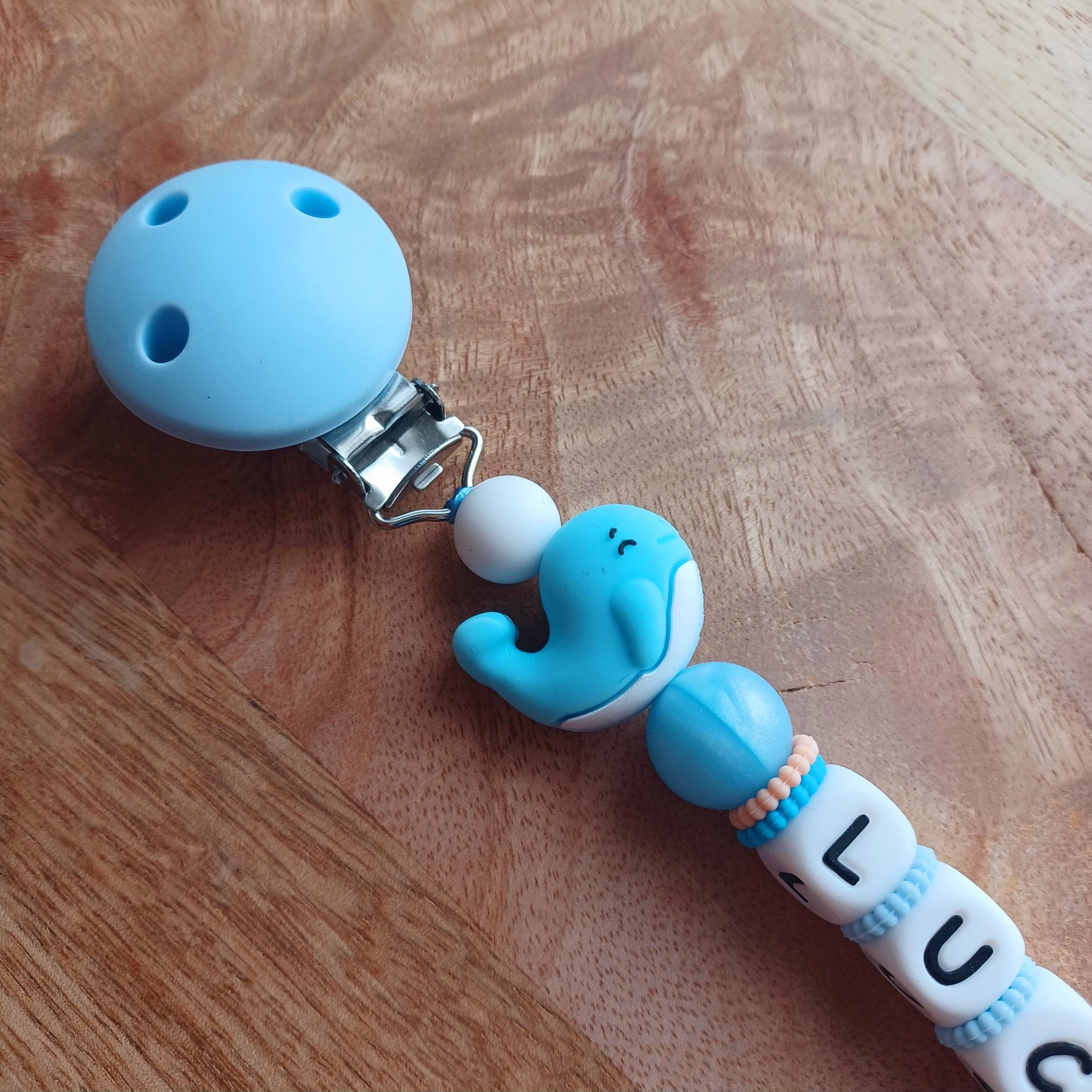 Attache tétine silicone, Boule de Neige, Baleine, bleu.