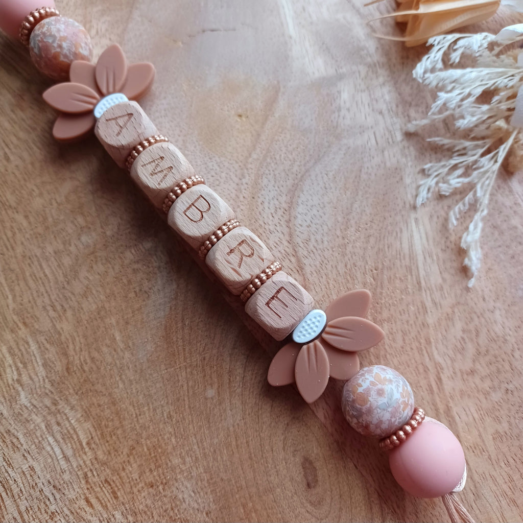 Attache tétine silicone, choco, Fleurs Liberty