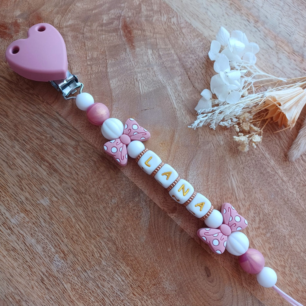 Attache tétine silicone, Nœud papillon, cœur.
